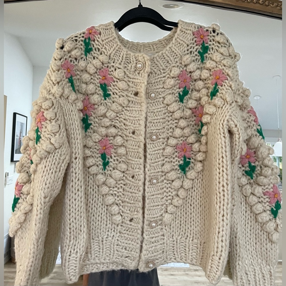 Chicwish stitch floral diamond pom pom hand knot cardigan
